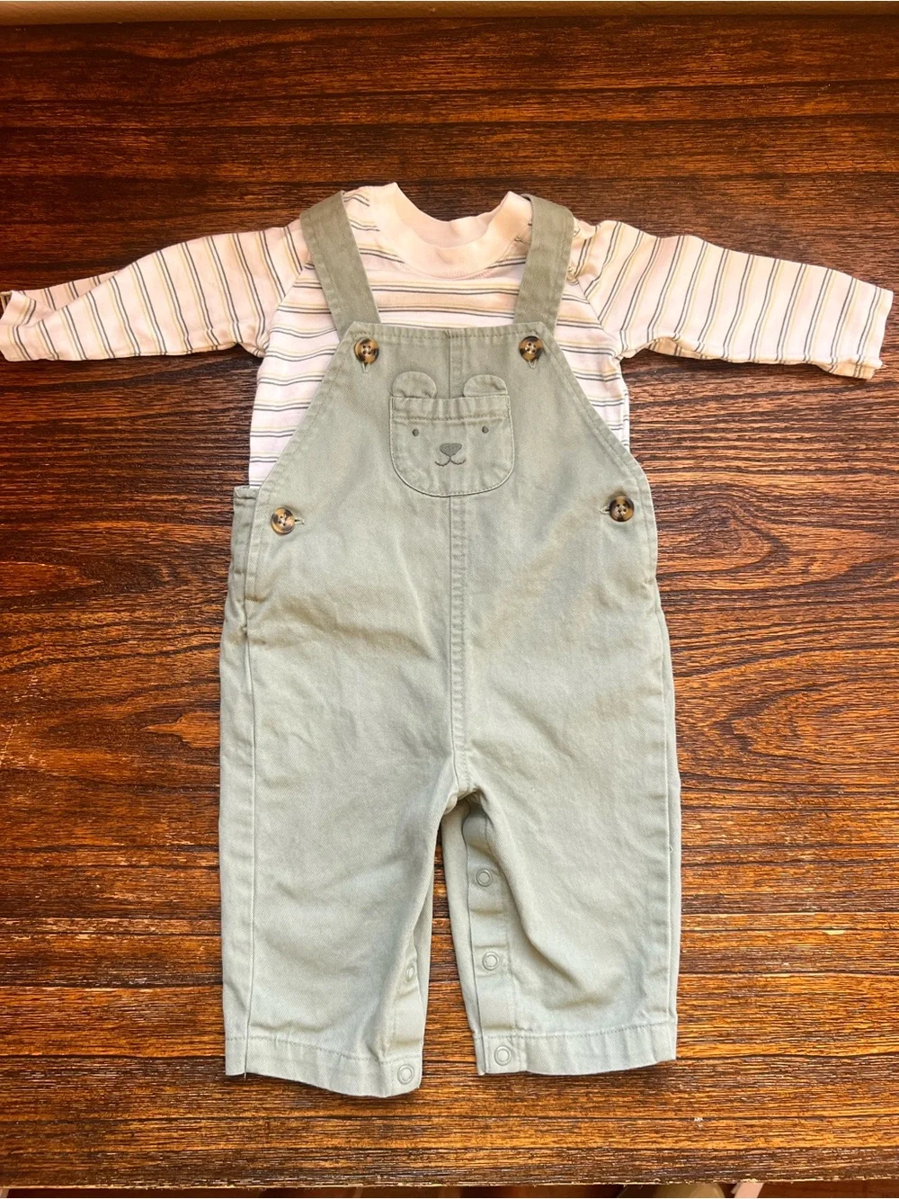 Sage Green Baby Overalls with Bear Patch